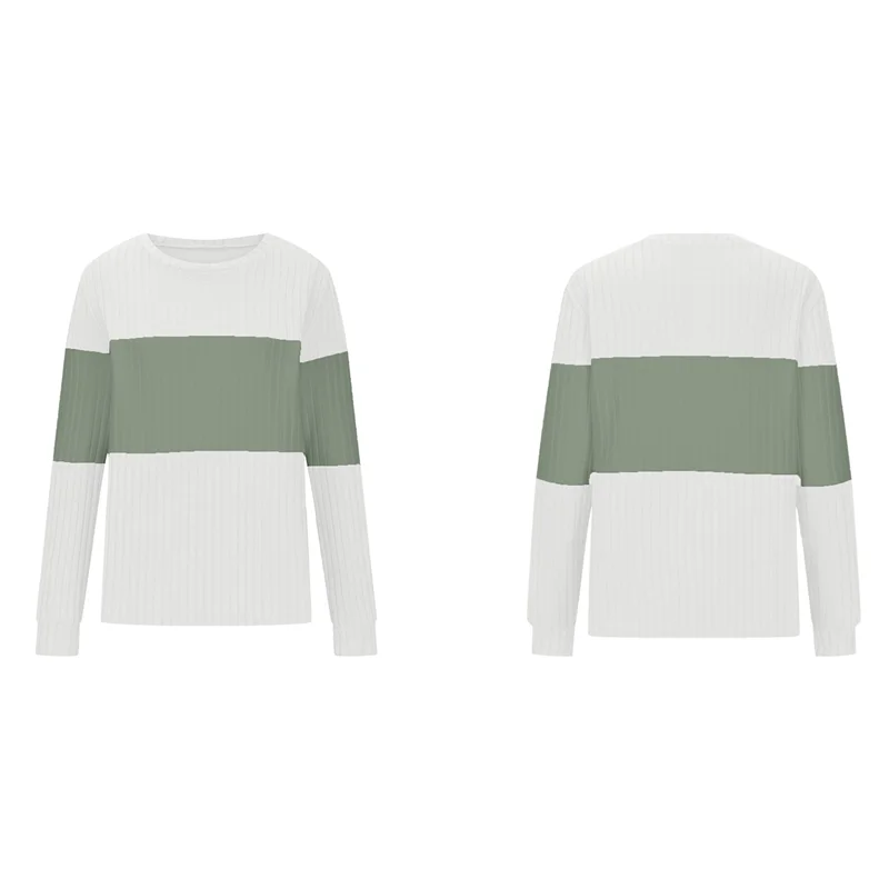 

ABRT-Blocked Tops For Women Full Length Sleeve Tunic Casual Patchwork Crew Neck Cozy Knitted Blouse Pullover
