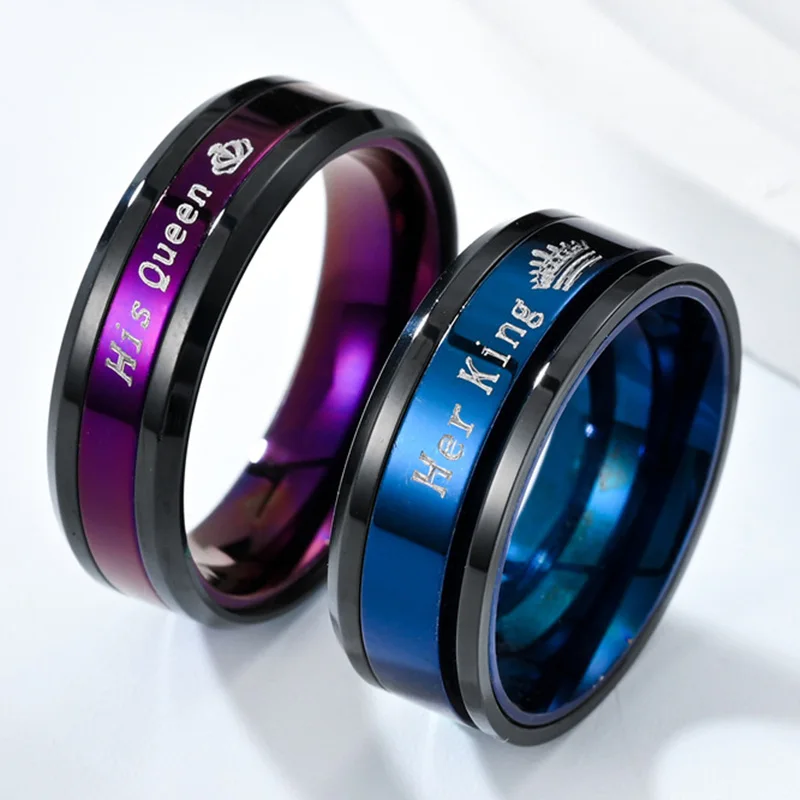 

Fashion Blue Purple Couple Rings Stainless Steel Wedding Bands Her King And His Queen Engagement Jewelry for Women And Men