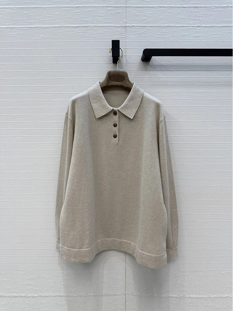 Autumn Winter Fashion Beige Cashmere Knitting Pullovers Women's Turn-down Collar Button Long Sleeve Simplicity Warm Sweaters