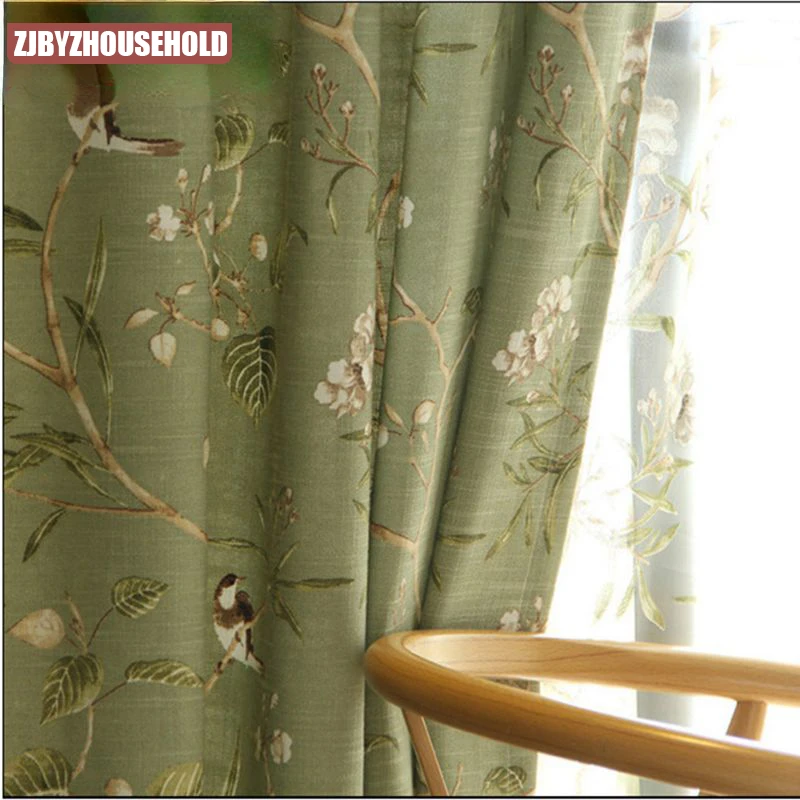 American Country Curtains for Living room bedroom Cotton Linen Green Window Birds Branch Printed Window Blackout French Drapes