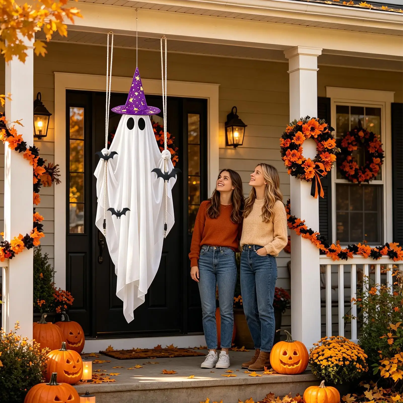 Swinging Ghost Decor Scary Halloween Remote Control Light Up Funny Ghost Garden Decor For Haunted House Yard Porch Window Door