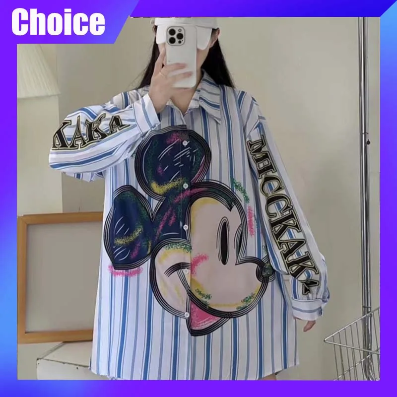 

Disney Mickey Shirt Cartoon Printed Stripe Shirt Women'S Loose Medium Length Shirt Trendy Top Casual Fashion Clothing Girl Gift