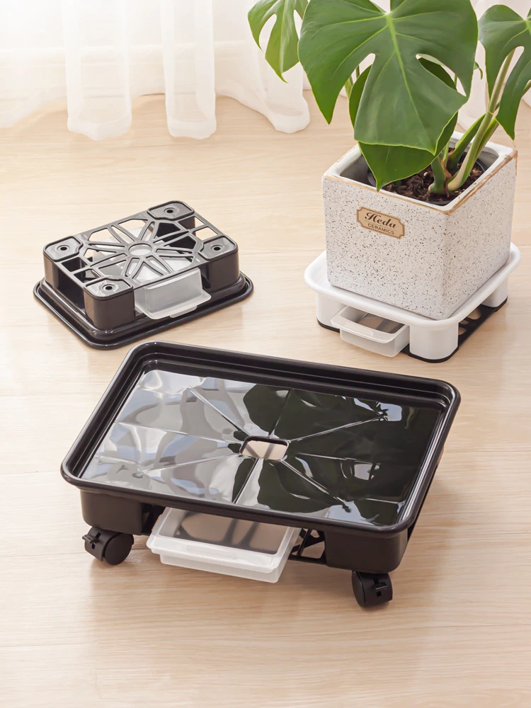 Rectangular tray universal wheels, movable flower pots, flower stands, plastic resin, water-connected chassis base