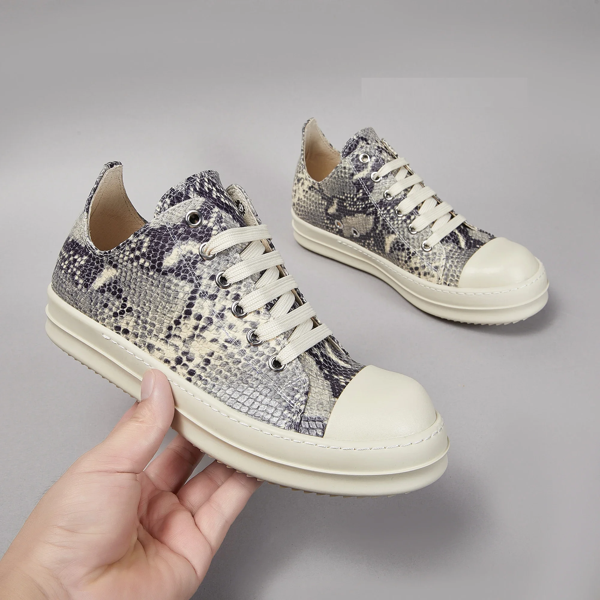 Zapatos Ricks para hombre con estampado de pitón, zapatos bajos de cuero gris con cordones, zapatillas informales para mujer, zapatillas de suela gruesa Owens