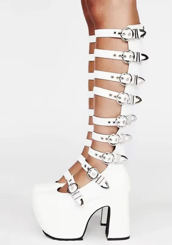 

Leather Platform Cute Hollow Buckle Knee High Boots Women Round Toe Chunky High Heel Boots Sugar Shoes Design Girl Dress