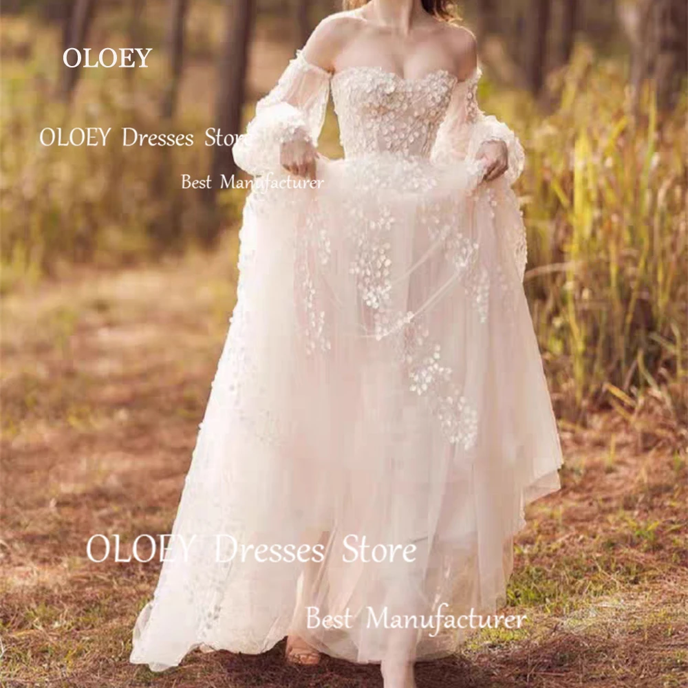 

OLOEY Exquisite Ivory Wedding Dresses Photoshoot Sweetheart 3D Flowers Bridal Gowns A-Line Floor Length Vestido De Noiva Custom