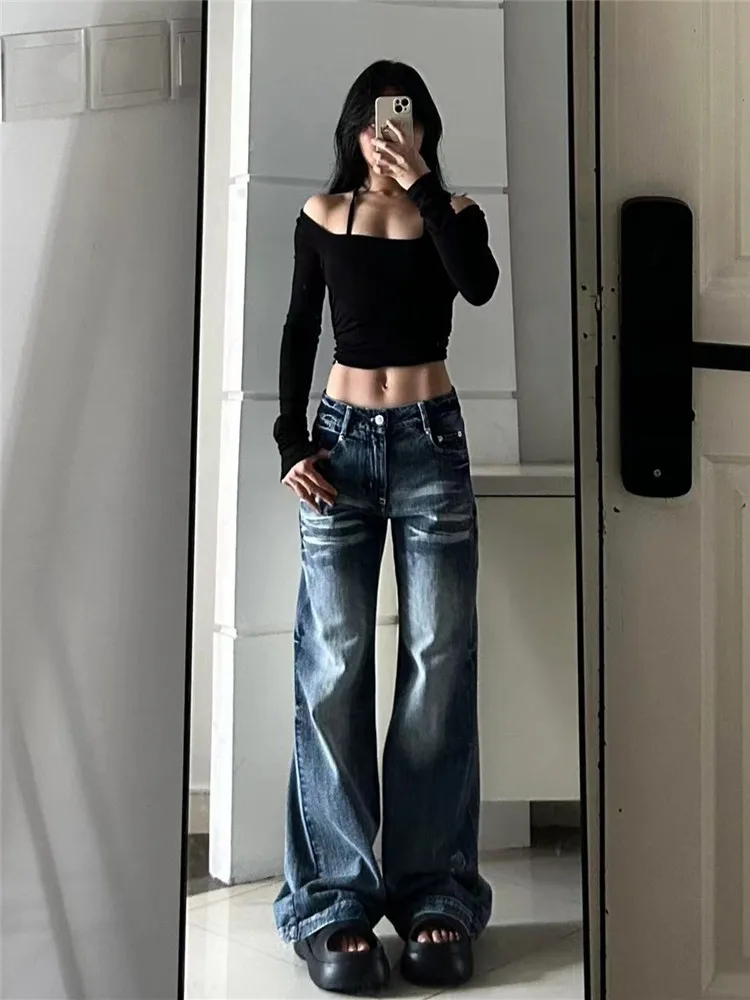 

American Style Vintage Loose Women's Jeans Bell Bottom Wide Leg Denim Pants Low Waist Floor Length Autumn Winter Trousers