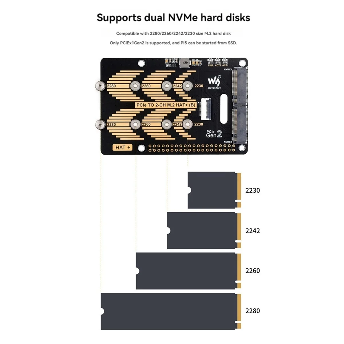 AB20-Waveshare PCIe to Dual Channel M.2 Adapter Board Module for Raspberry Pi 5 5Gbps Module Hard Disk Read/Write Faster Module