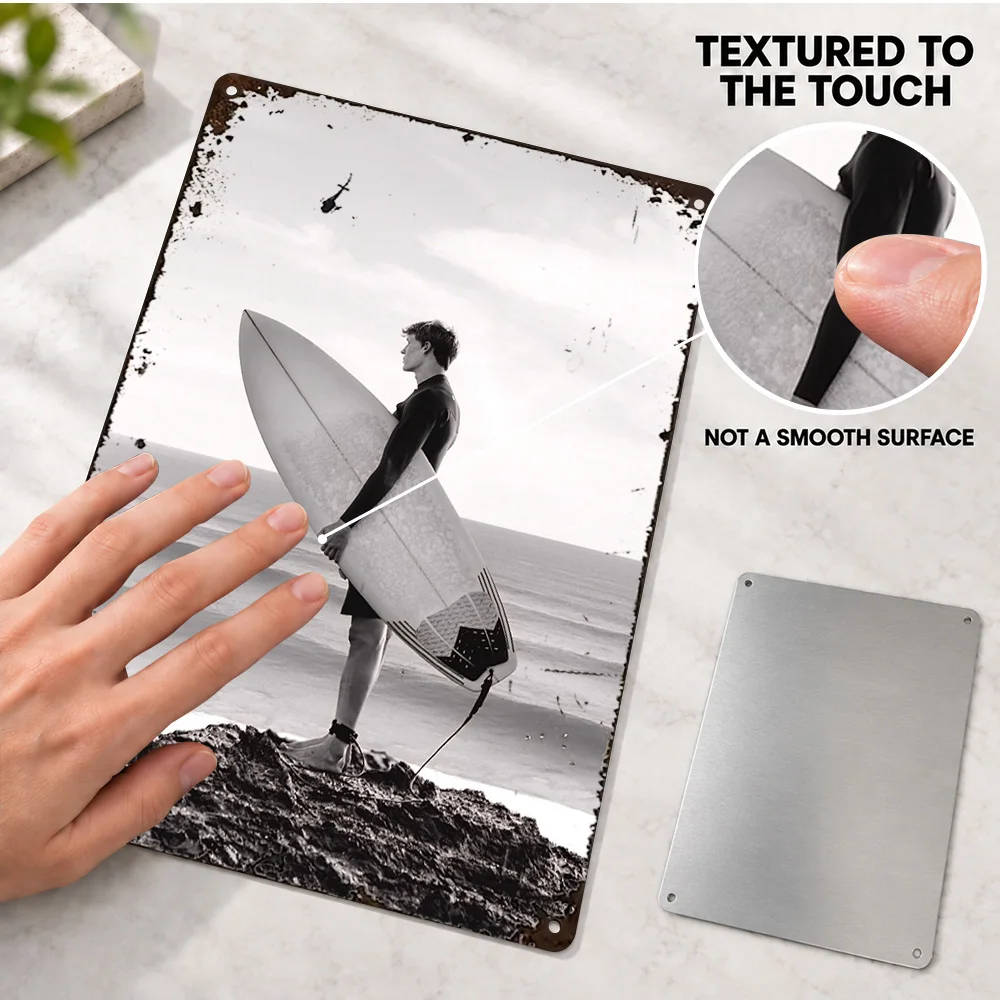 Surfer On A Cliff Surfing Design Printed Poster Customized Aluminum Metal Sign Vintage Style Wall Art For Bedroom Collector Gift