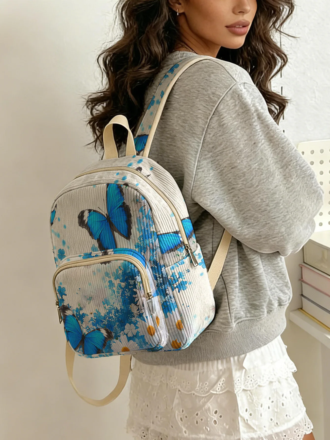 Blauer Morpho-Schmetterling und Blumenmuster, modischer Damen-Rucksack aus Cord, mit mehreren Taschen, große Kapazität, Pendlertasche