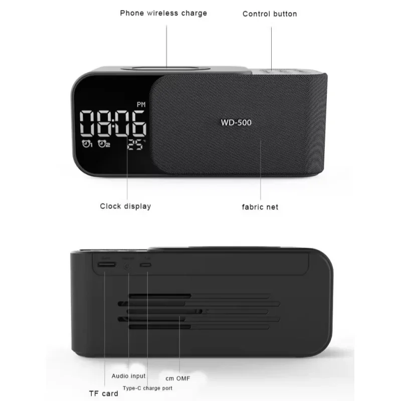 Carillon ad alto volume con radio FM Orologio Aralm Luce a LED Ricarica wireless Caixa De Som Altoparlante Bluetooth Colonna sonora portatile