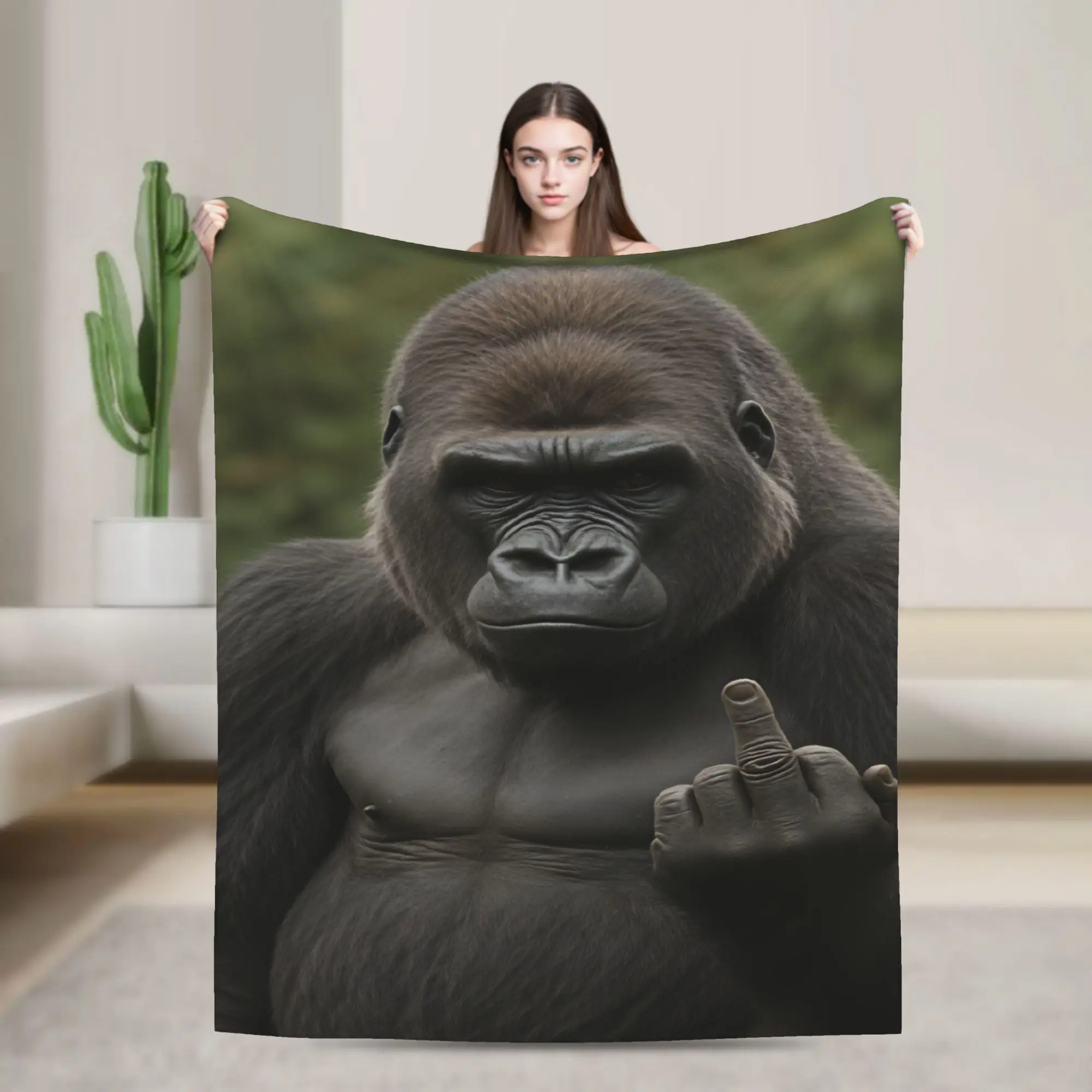Gorilla Middle Finger  Flannel Blanket  Super Soft Bedding Throws for Bedroom Camping Graphic Bedspread Sofa Bed Cover