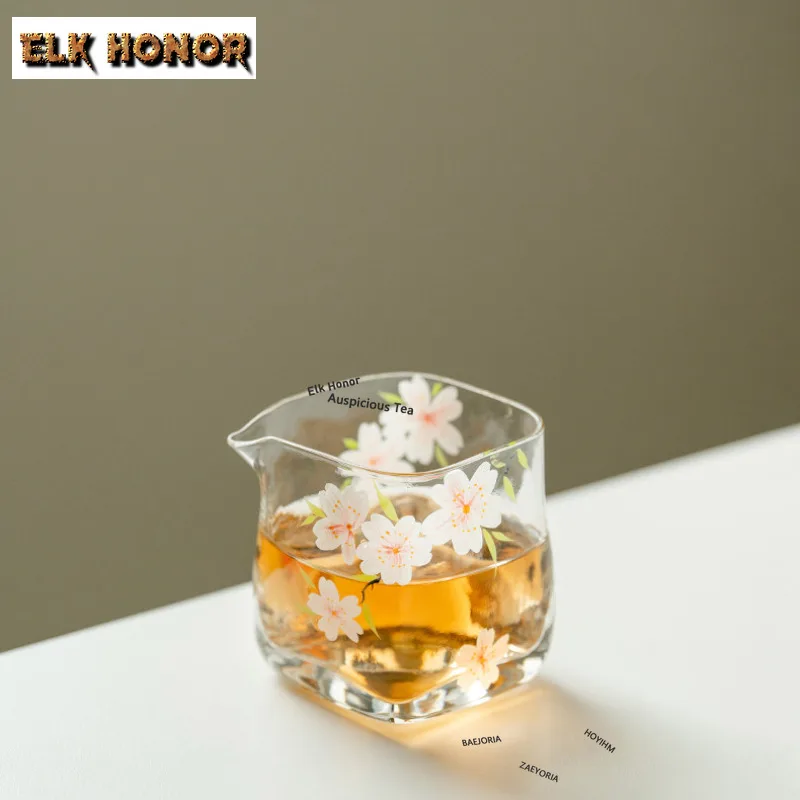 ZAEYORIA 190ml Hand-painted Cherry Blossom Glass Tea Pitcher Tea Divider Cha Hai Dispenser Justice Cup Fair Mug Teaset Drinkware