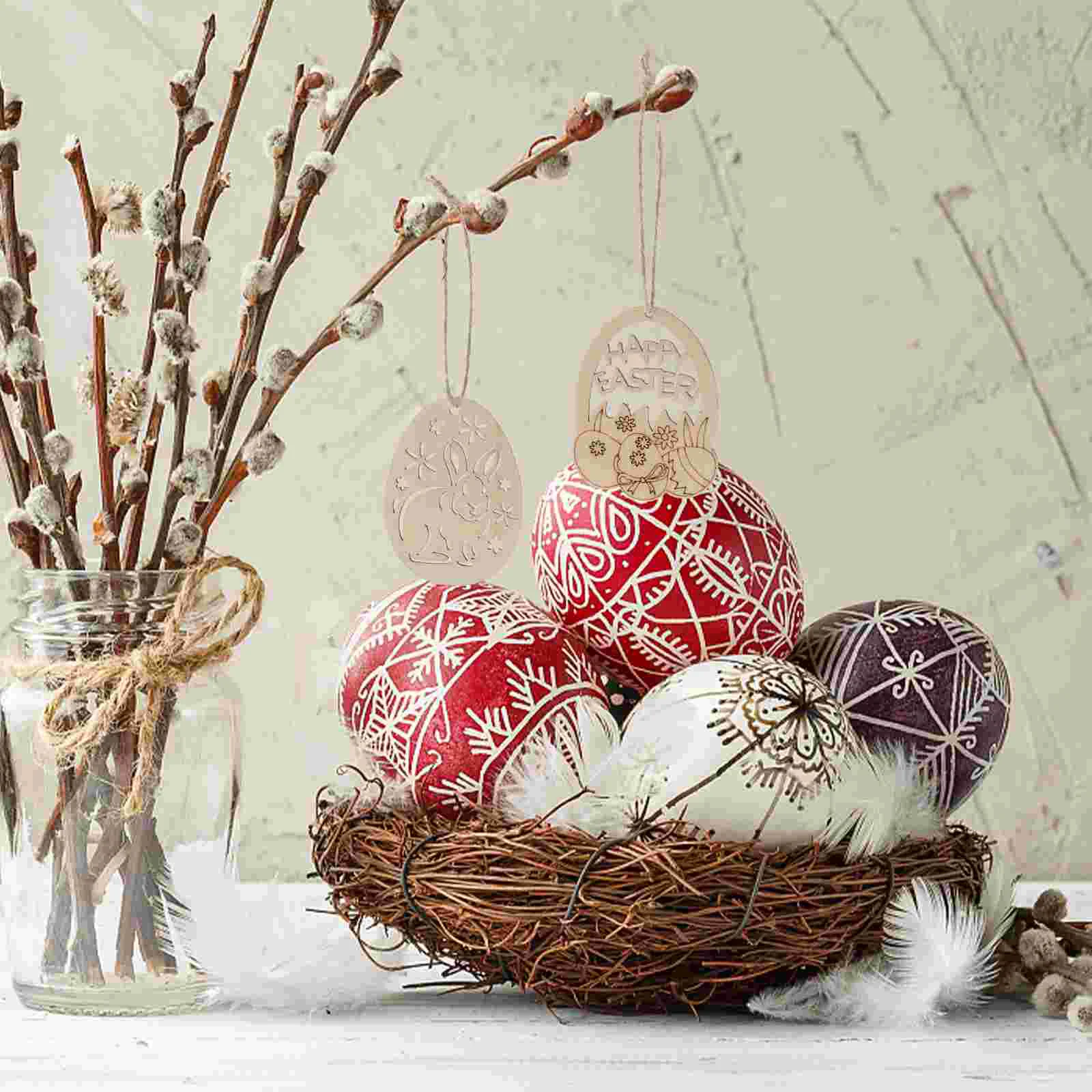 50-delige handgemaakte hangende decoraties van Pasen, houten ei-knutselset, plaquettevormige uitsparingen, boomhanger voor het schilderen