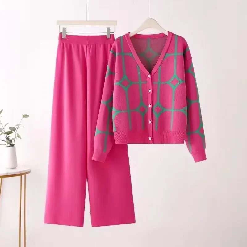 Casual Fashion Knitted Pants Suit Women Autumn Winter Printed Long-sleeved Sweater Cardigan Wide-leg Pants Women Two-piece Suit