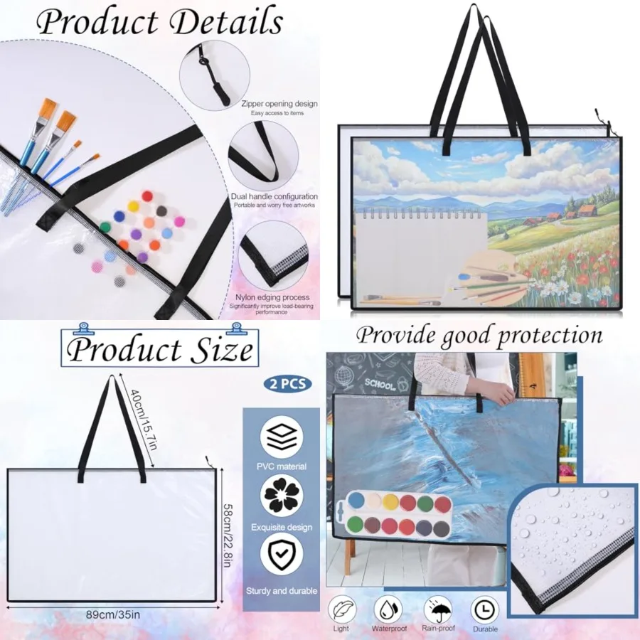 2 PCS 23 X 35 pulgadas Maletín de arte Bolsa de almacenamiento de carteles grandes con cremallera y asa Estuche de almacenamiento de obras de arte Carpeta de arte de PVC C