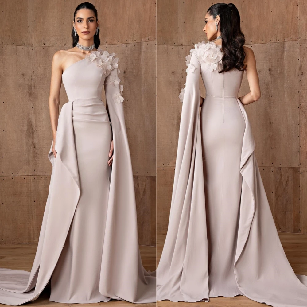 

Customized Elegant Jersey Sweep Train Evening Dress Simple Flowers Prom Dresses Luxury One Shoulder Special Occasion Gowns