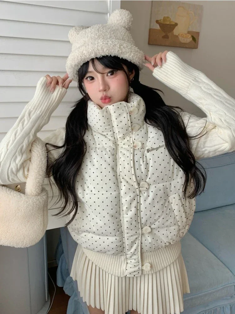 Loose Thick Warm Puffer Coat Outerwear 2026 Winter Women's Jacket Korean Sweet Polka Dot Knitted Patchwork Long Sleeve Parkas