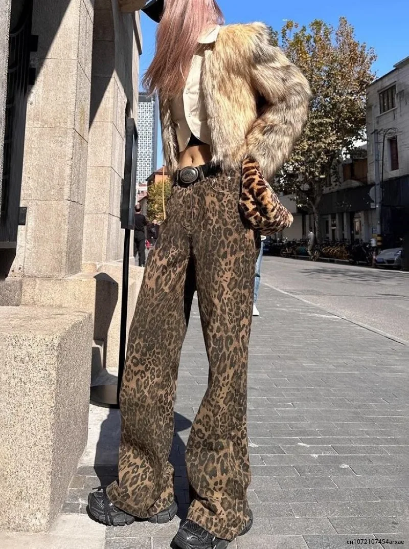 Calças femininas largas leopardo vintage, moda casual oversize streetwear feminina, calça solta hip-hop, Y2K, primavera e outono, 2024