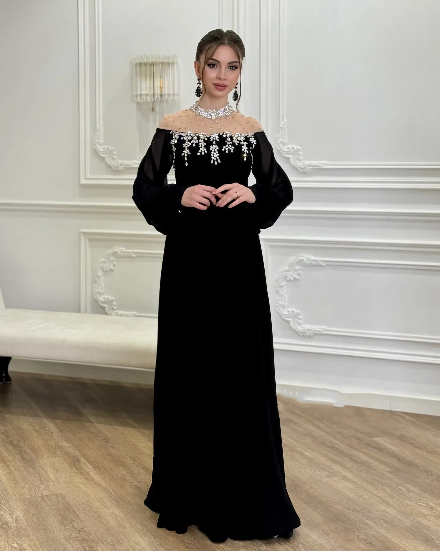 

Adeli Elegant Black O Neck Prom Gown Long Sleeve Beaded Party Evening Dress Floor Length Formal Occasion Dresses customized