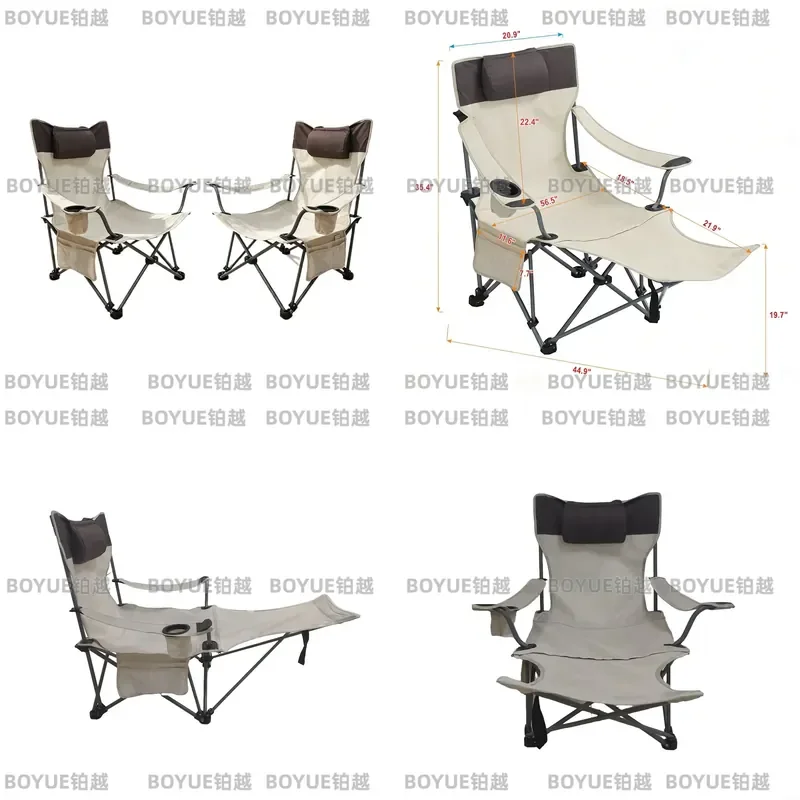 2PCS Folding Camping Chairs, Adjustable 3-Position Reclining Outdoor Lounge Chair with Side Pocket & Cup Holder, Portable