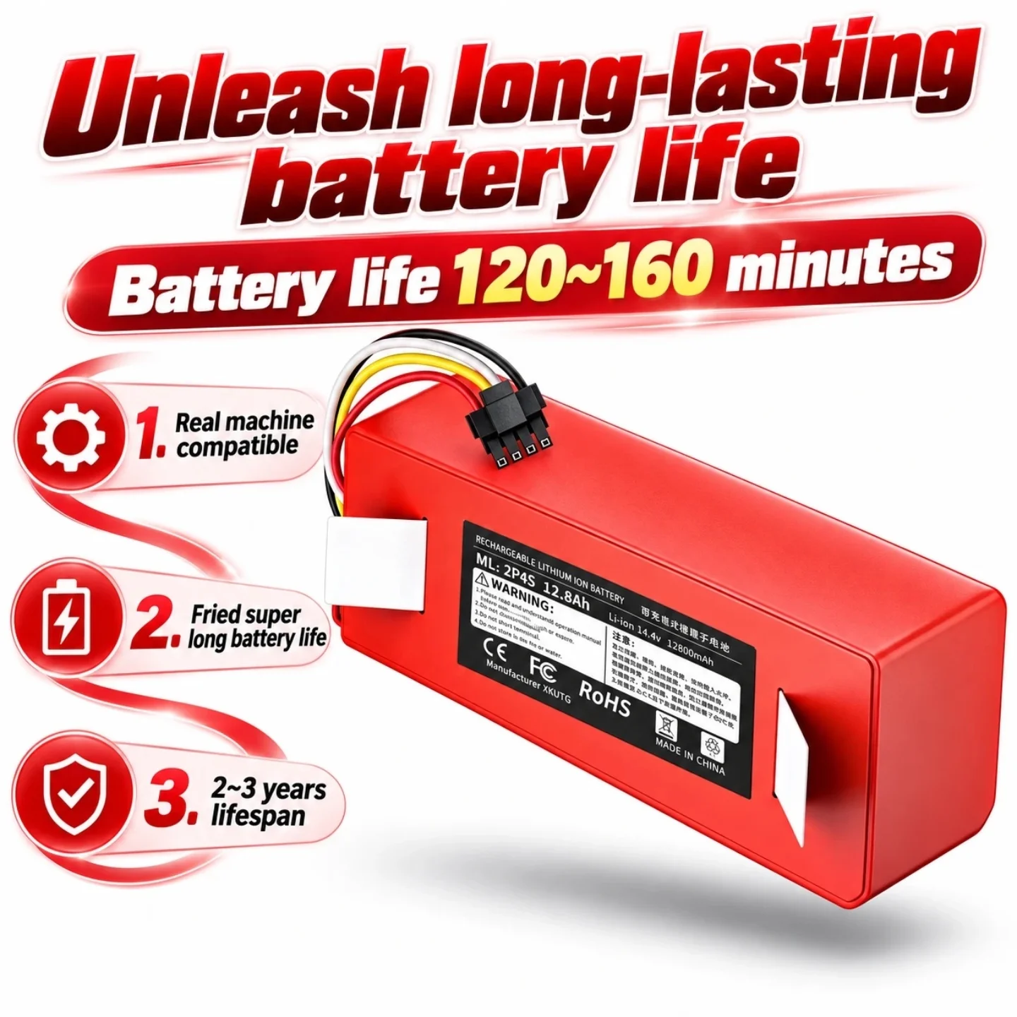 14.4V 12800mAh Lithium Ion Battery 2000+deep circulation for Xiaomi Mi Robot Vacuum Mijia 1 2 1S Roborock S50 S51 S55 S6 S61 S65