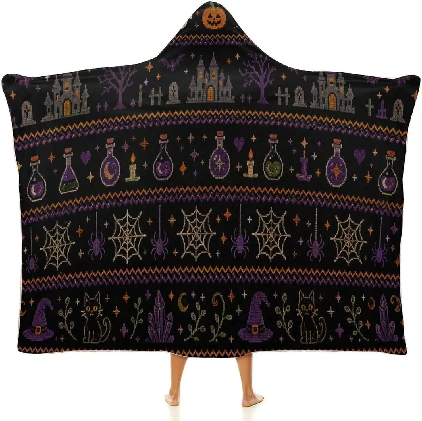 Vintage Halloween Wearable Blanket with Hooded, Pumpkin Ghost Hooded Blanket, Halloween Party Gift for Adults Kids