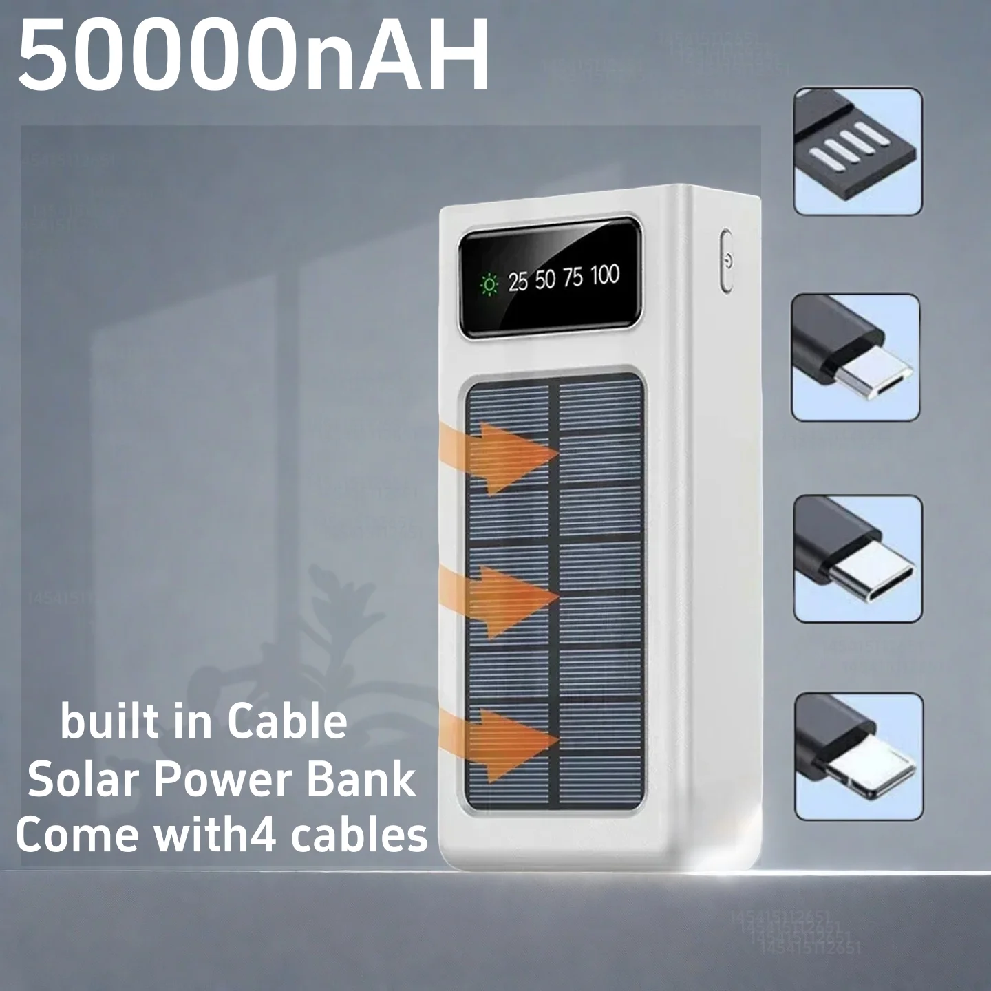 Solar Power Bank 50000/30000/20000/mAh Eingebautes Kabel Tragbares Ladegerät für IPhone 12 Xiaomi Powerbank Externer Akku Poverbank