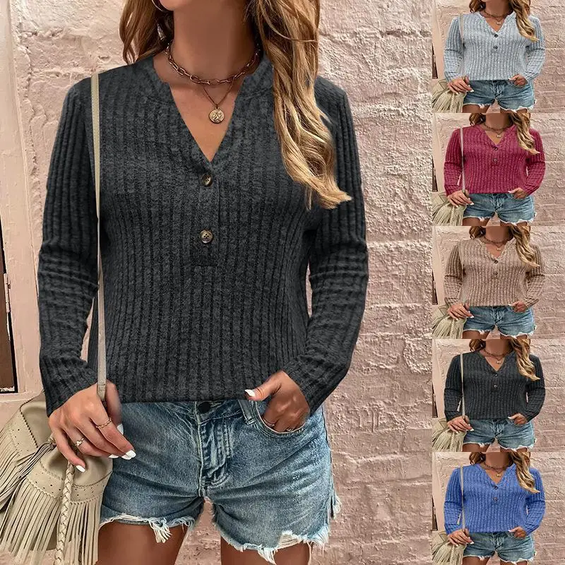 

Women's Long Sweater irt with Oversized Frayed Buttons Girls Sle Knitted Woolen Top Color Blo Design Autumn Faion
