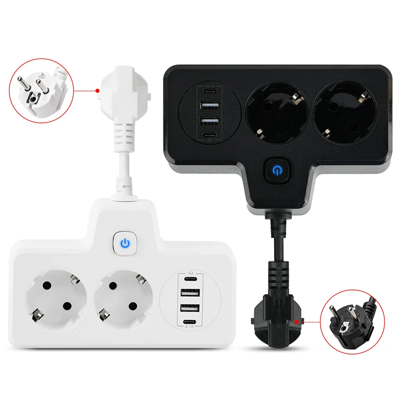 New 3250W 13A 250V European Style Plug Socket With USB And Type-C Port 2 Outlets Power Strip For Multiple Applications