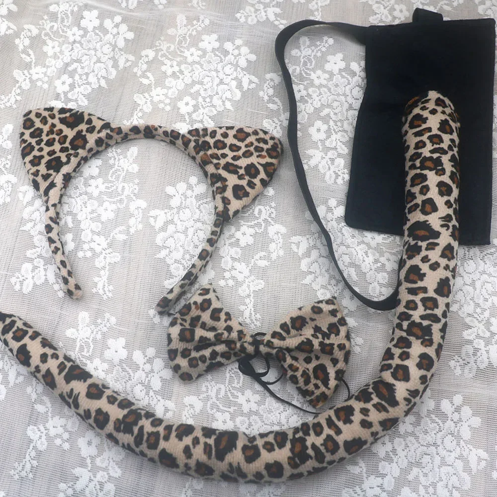 Adult Kids Children Boy Girls Leopard Cat Ears Tail and Bow Tie Party Costume Kit Halloween Birthday Gift