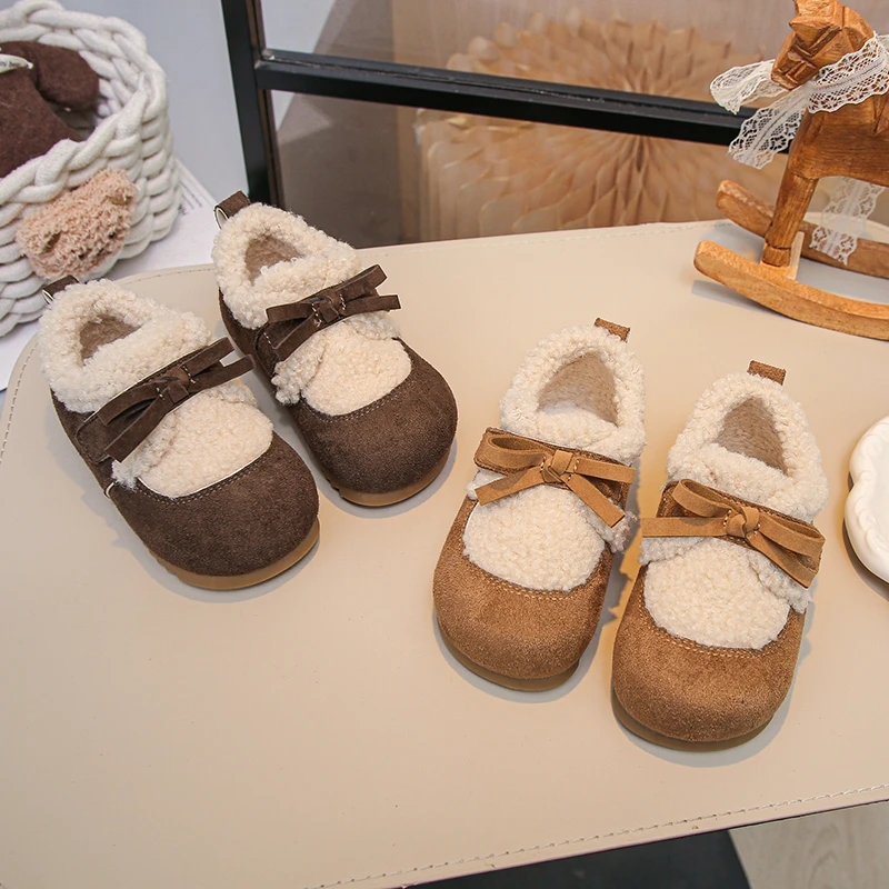 

Новинка зимы 2024, детская обувь, теплые хлопковые ботинки для девочек, корейские зимние ботинки с мягкой подошвой и бантом, изысканные теплые ботинки