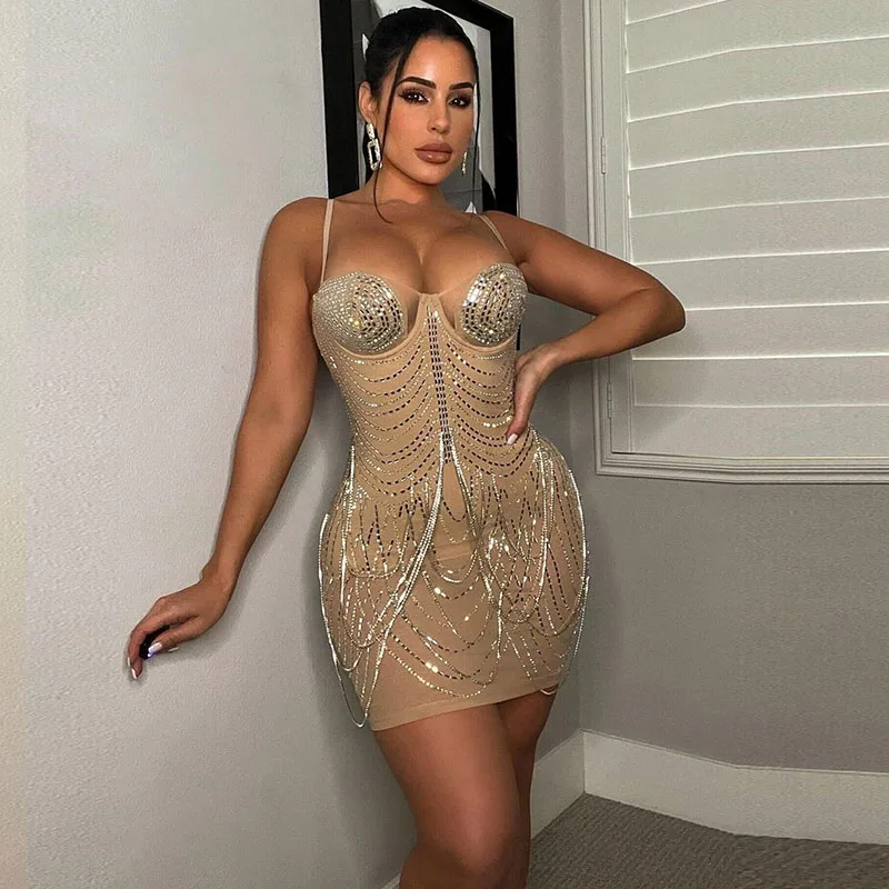 Luxuriöses Funkelndes Strass-Quasten-Geburtstagskleid für Damen, Nacht-Party Mesh-Transparentes Bodycon-Minikleid, Elegante Kristall-Clubkleider