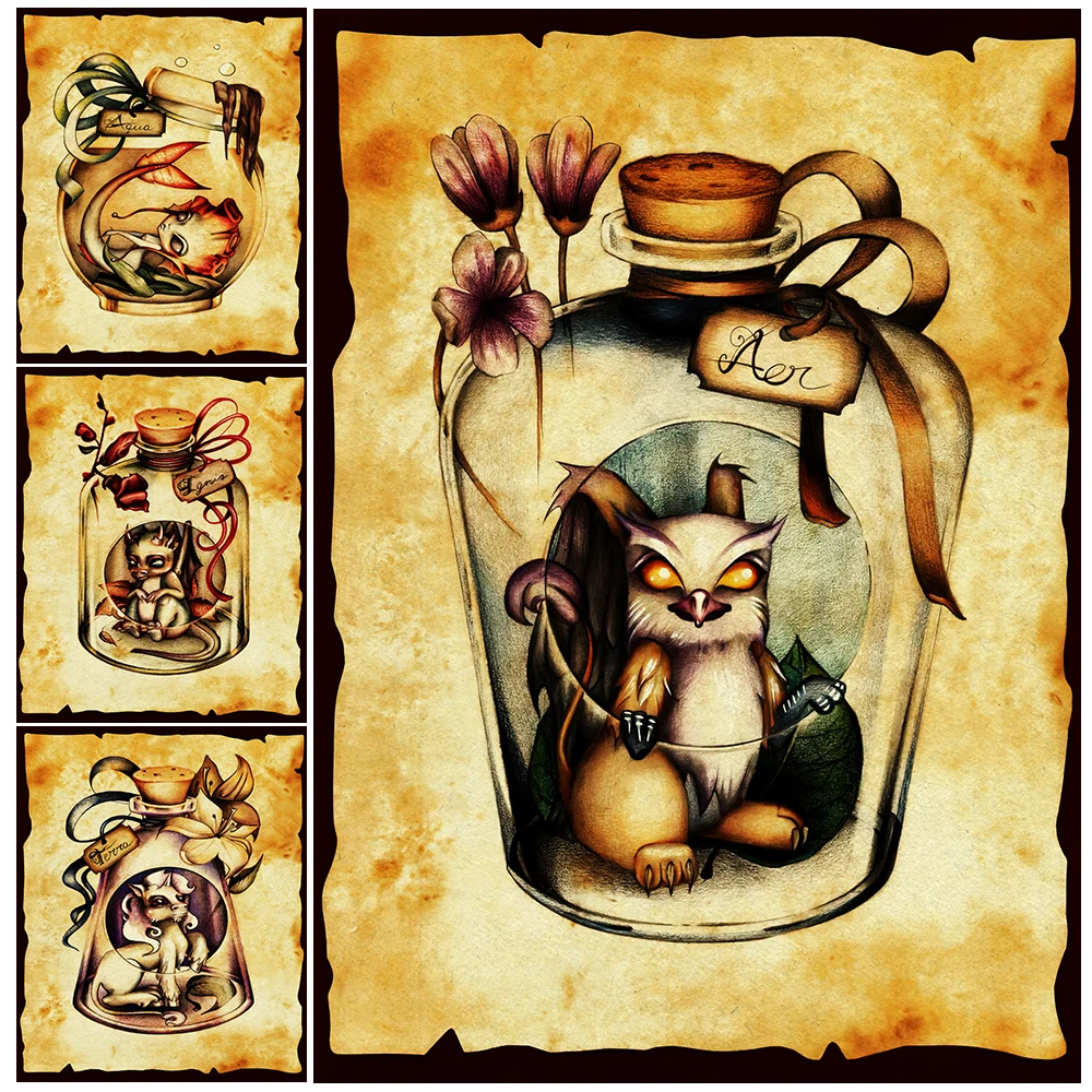 The Magic Creature Baby In The Bottle,Vintage Wall Art Canvas Painting,Griffins,Mermaids,Dragons,Unicorn, Art Poster Print Decor