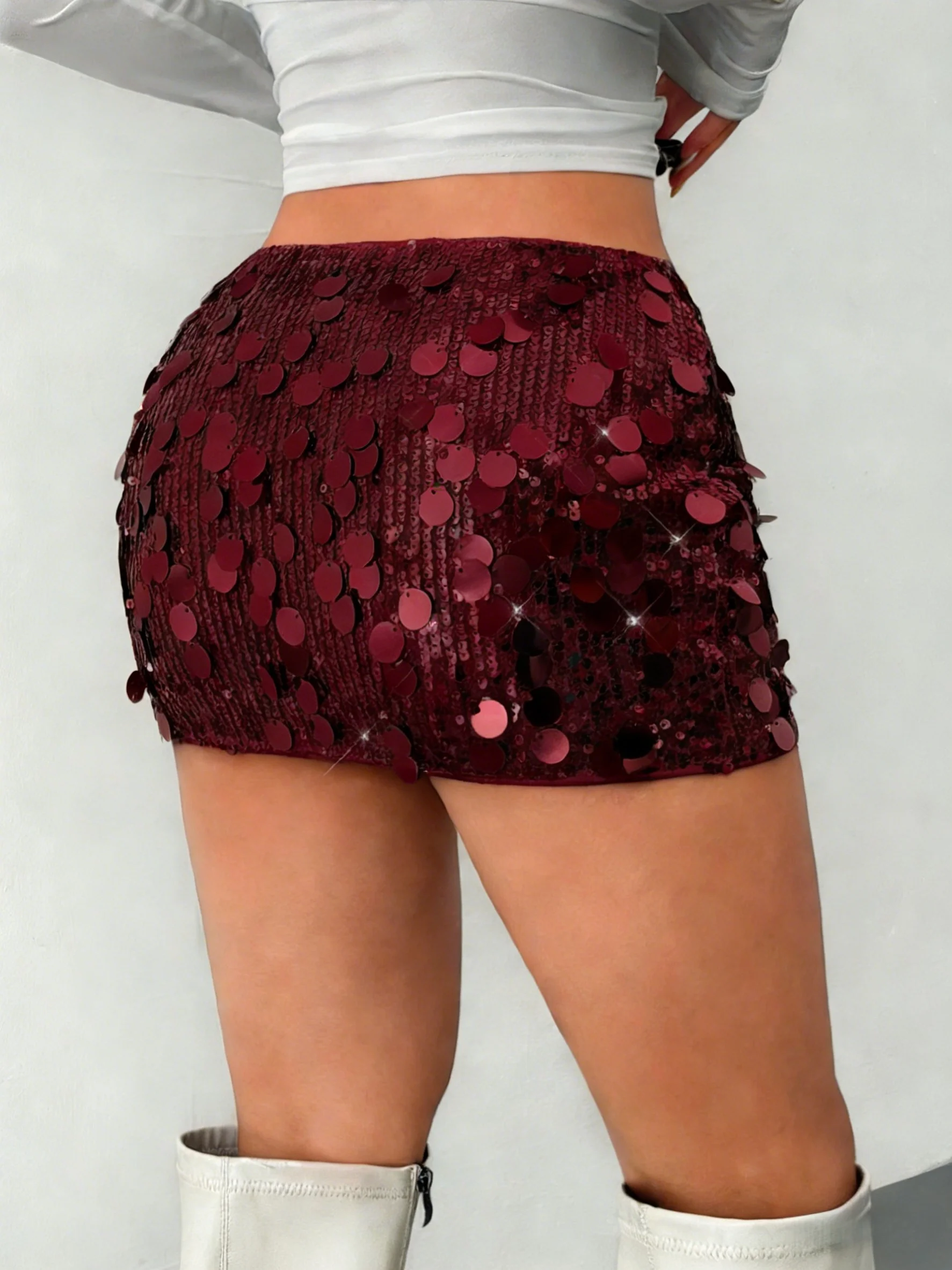 Women's Burgundy Sequin Mini Skirt High Waist Bodycon Skirt