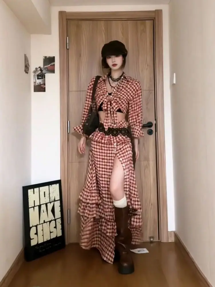 2000s Aesthetic Elegant 2 Piece Sets Women Y2k Plaid Design Tops + Slim midi Skirt Femal Harajuku Chic Korean Popular Clothes