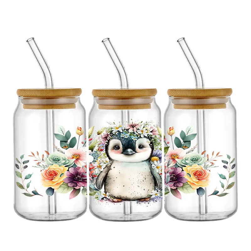 Animal Panda Turtle UV DTF Cup Wraps Transfer Sticker per 16OZ Glass Libbey Can Bottle autoadesivo lavabile fai da te personalizzato