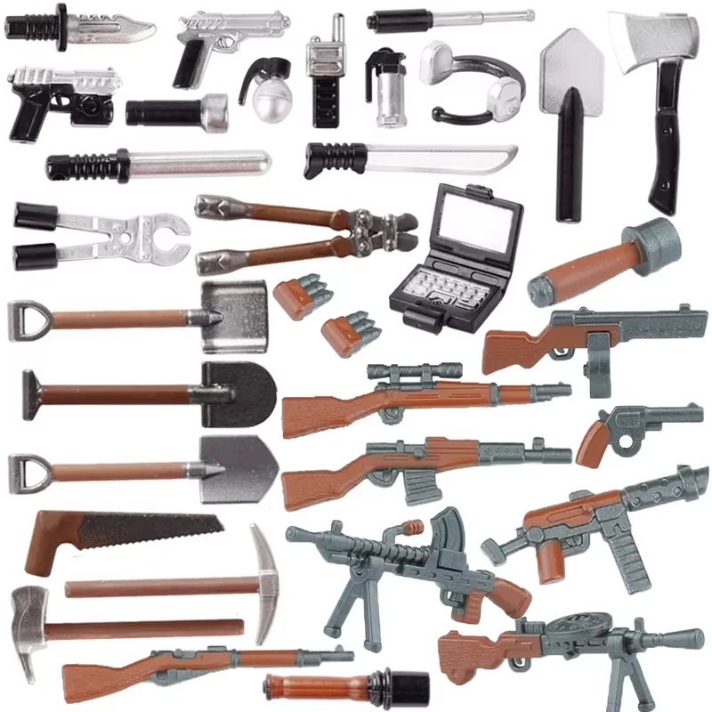 WWII Militär-Soldaten-Zubehör Bausteine Sprühlackierte Waffen Gewehr Maschinenpistole Zweifarbig DP28 Landwirtschafts-Werkzeug Schaufel Hacke Bausteine N28 – Detail 2