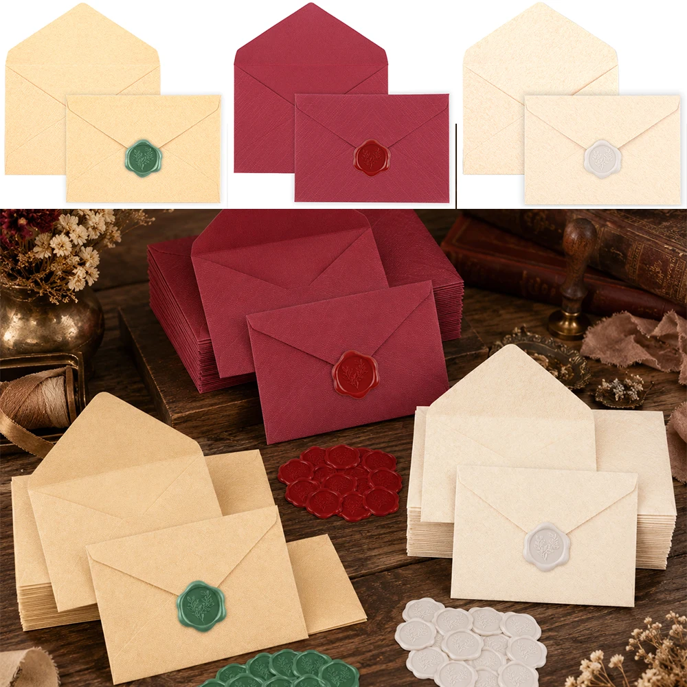 

20Pcs Eucalyptus Leaf with 20Pcs Self Adhesive Wax Seal Stickers Vintage Kraft Envelopes Set for Wedding Invitation Letter Decor