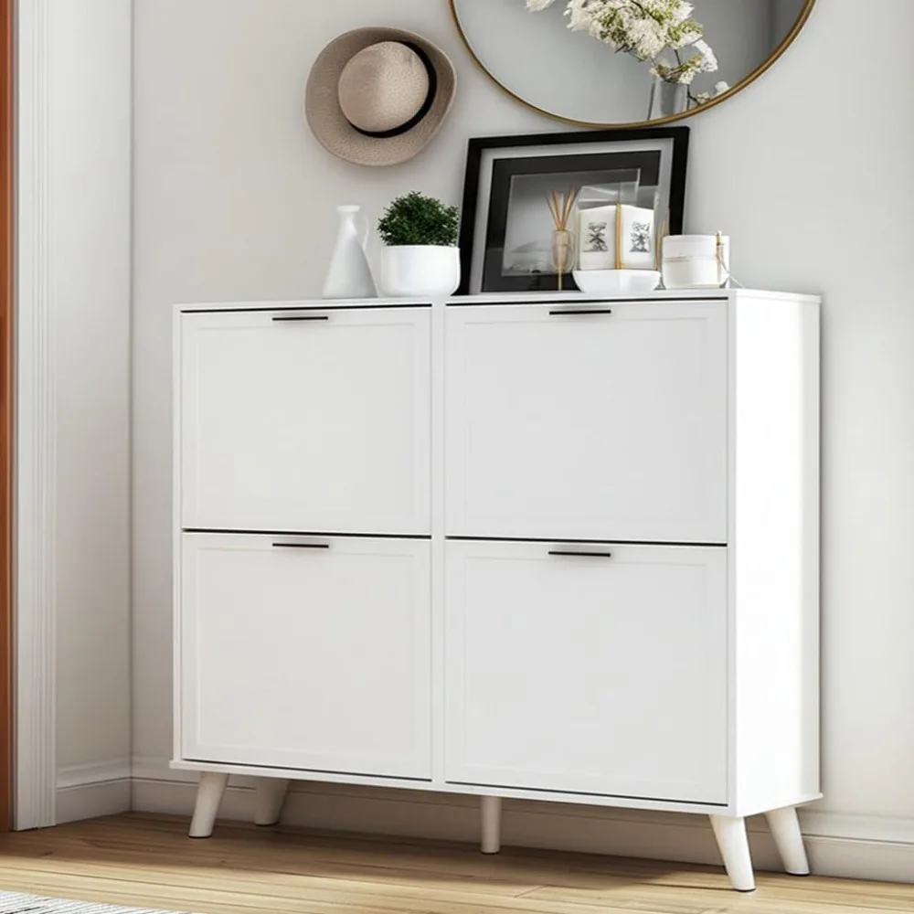 

Large 4 Tier Shoe Cabinet for Shoe Size 16 - Freestanding Wooden Shoe Organizer with Flip-Up Doors, Space-Saving Entryway/Closet