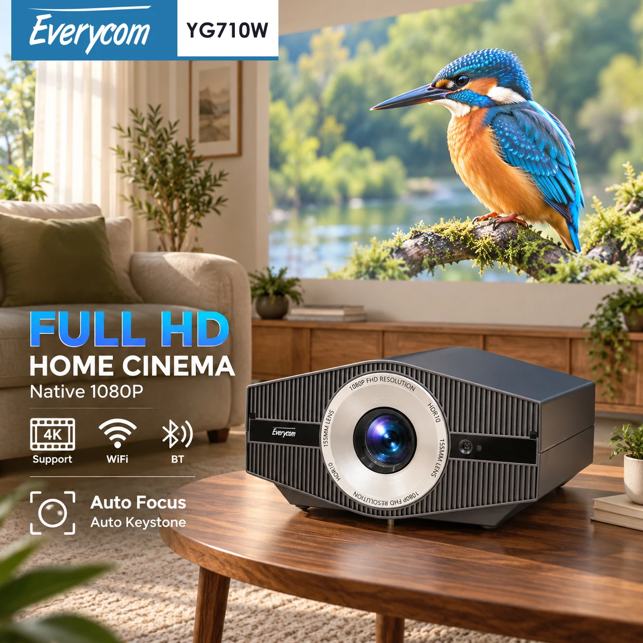Proyector Full HD nativo 1080P Everycom YG710W con altavoces estéreo de 20W, compatibilidad 4K, enfoque automático, corrección trapezoidal
