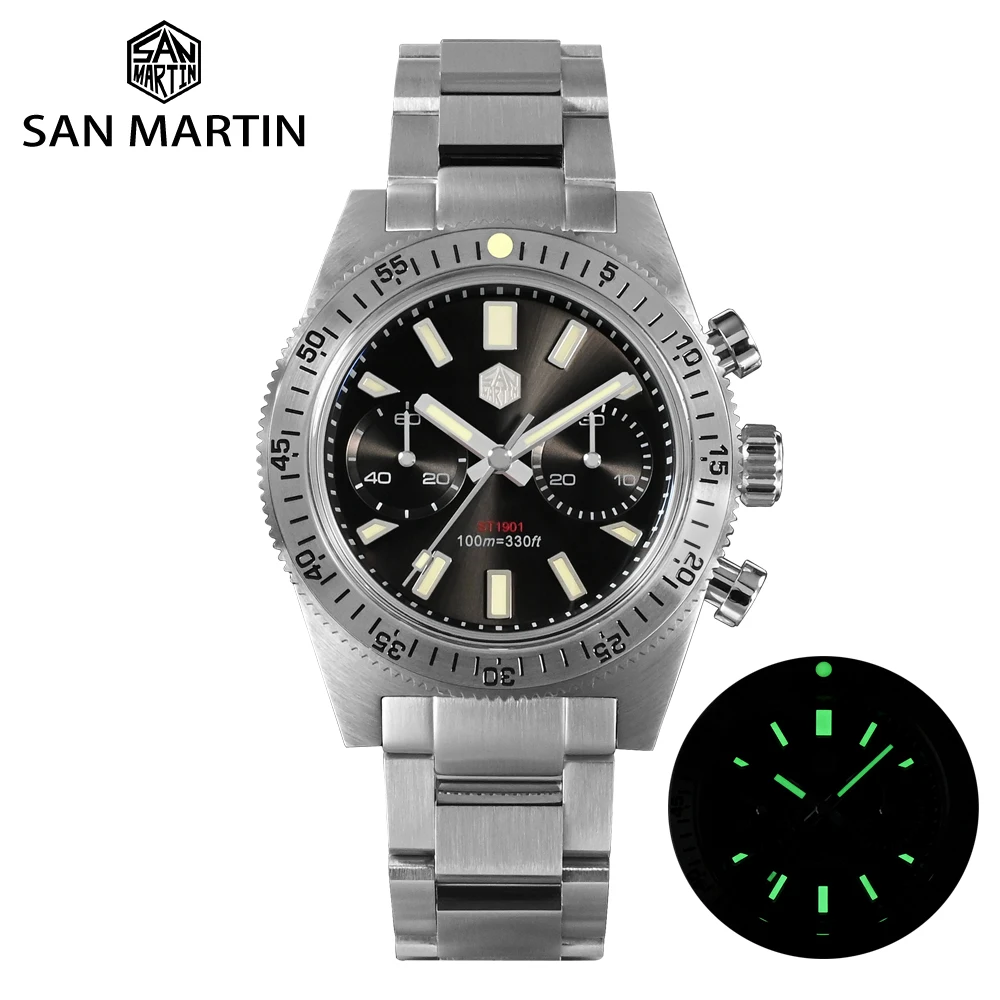 

San Martin Fashion Men Watch 62mas Chronograph 40mm Business Luxury Seagull ST1901 Manual Mechanical Sapphire 10Bar Luminous