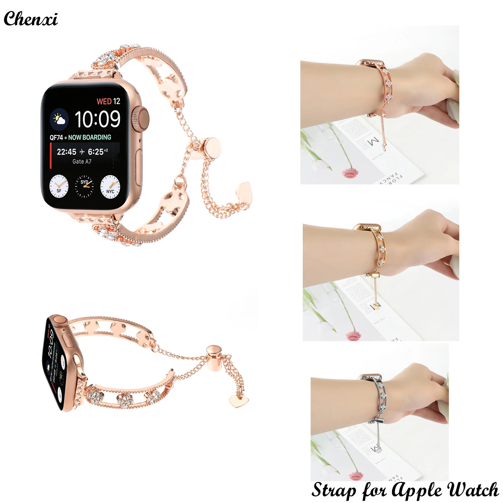 

Metal Strap for Apple Watch Band Hollow Out Bracelet Chain Iwatch87654321SE Ultra38 40 41 42 44 45mm Women Diamond Flower Wrist