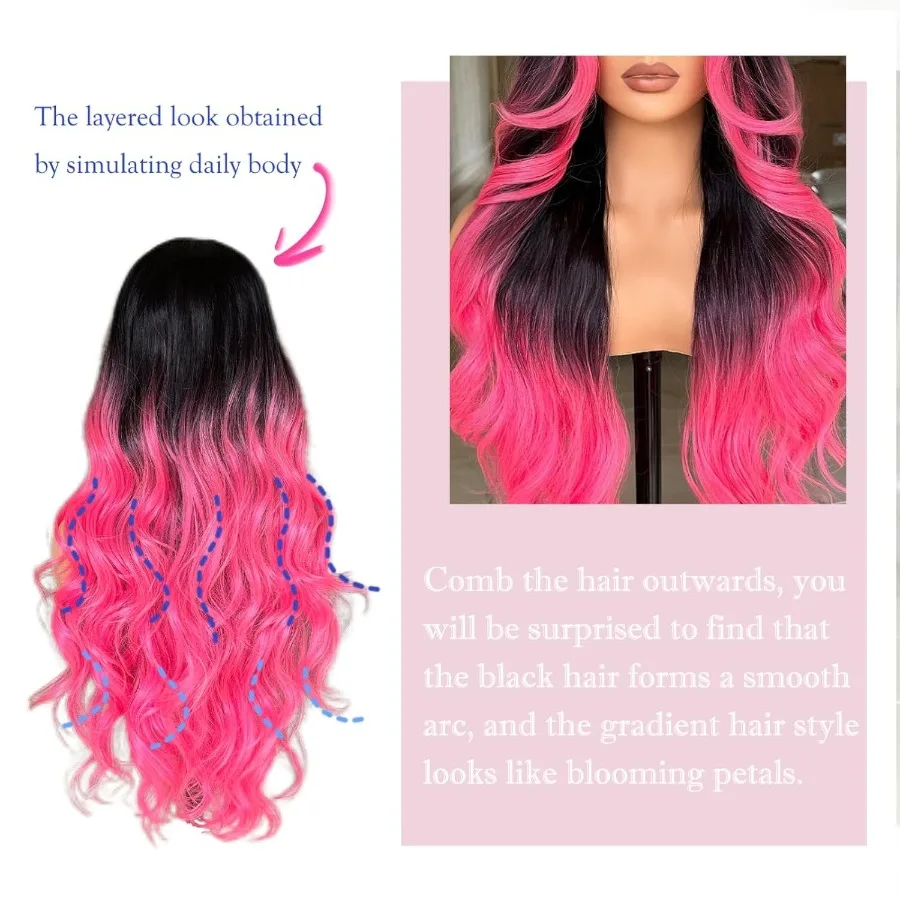 28 بوصة أومبير الوردي مع جذور سوداء والفلورسنت يسلط الضوء على الدانتيل الجبهة شعر مستعار اصطناعي قبل قطعها الجسم موجة غلويليس الأوسط Pa