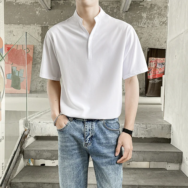 Summer 2025 New Fashion Men's Stand Collar Short Sleeve Solid Color Loose Simple Casual Trendy Polo Shirts Male Clothes T-shirts