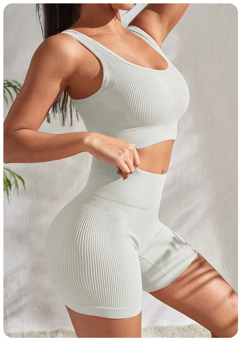 Nahtloses, geripptes Fitness-Set für Damen, einfarbig, gestrickt, 2-teiliges Workout-Outfit, bauchfreies Tanktop, Shorts mit hoher Taille, Yoga, Laufen – Detail 9