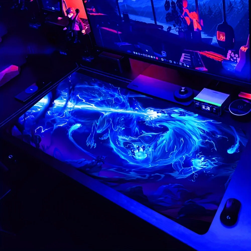 Large Gaming Mouse Pad with Blue Dragon Design - Extended Desk Mat, UV Reactive, Glowing Effect under Black Light, Polyester