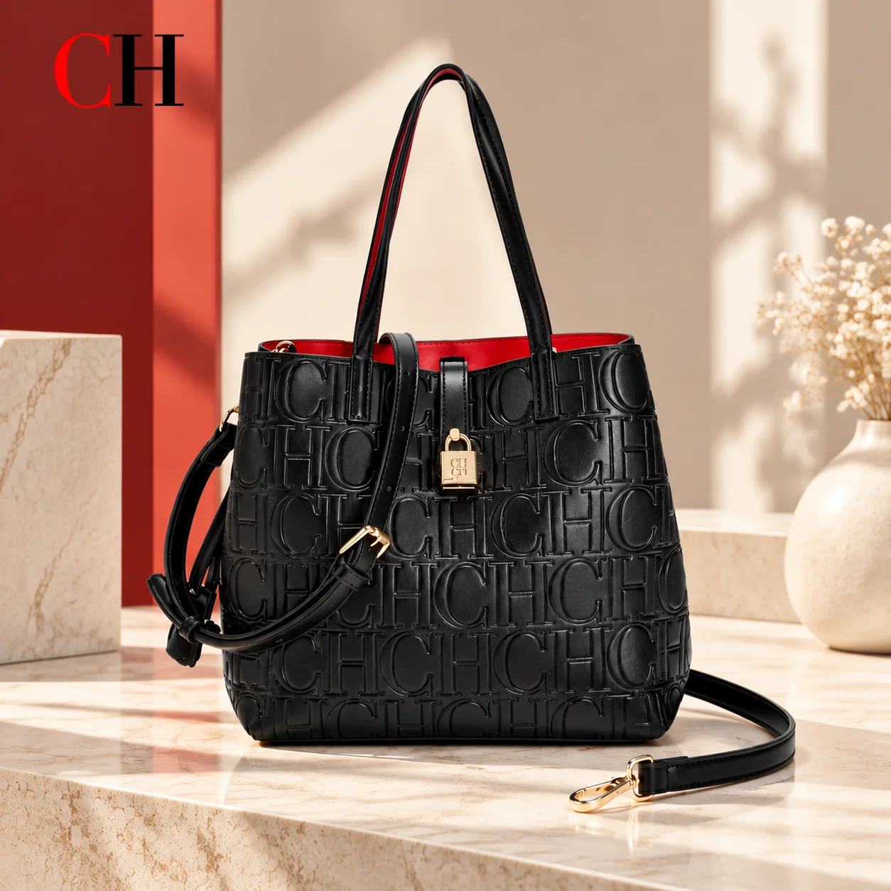 CH Luxury Women Black Tote Bag Embossed Leather Handbag Large Capacity Shoulder Bag Fashion Work Purse Crossbody Bag