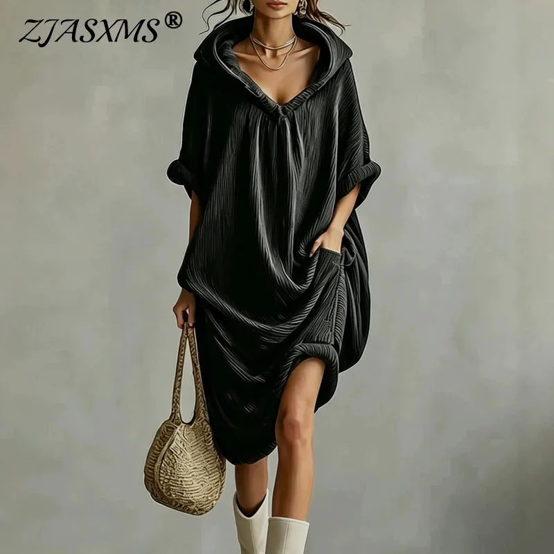 Solid Pleated Textured Hoodie Dress Ladies V Neck Cuffed Short Sleeve Relaxed Side Pocket Hem Dress New Autumn Casual Maxi Dress