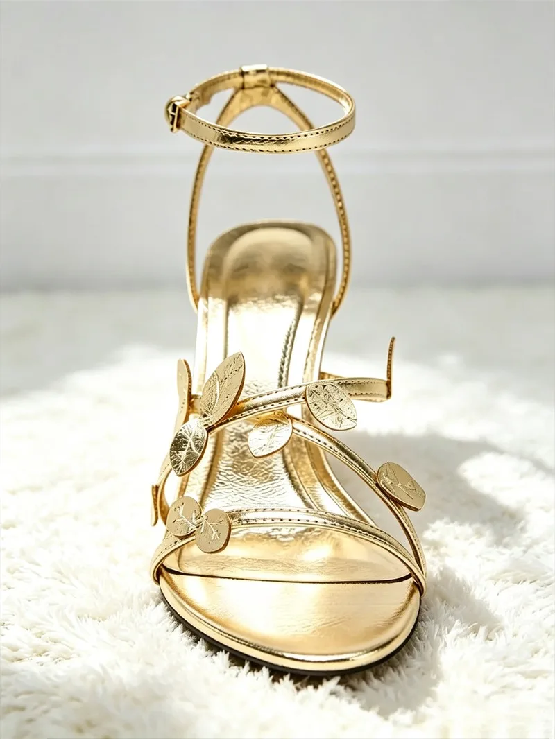 Elegant Gold Leaf Narrow Band High Heeled Sandals Women Fashion Open Toe Ankle Buckle Dress Shoes Luxury Brand Designer Shoes image 3